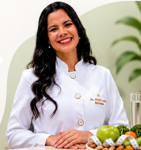 Nutricionista Andréia Duarte sorrindo ao lado de alimentos saudáveis