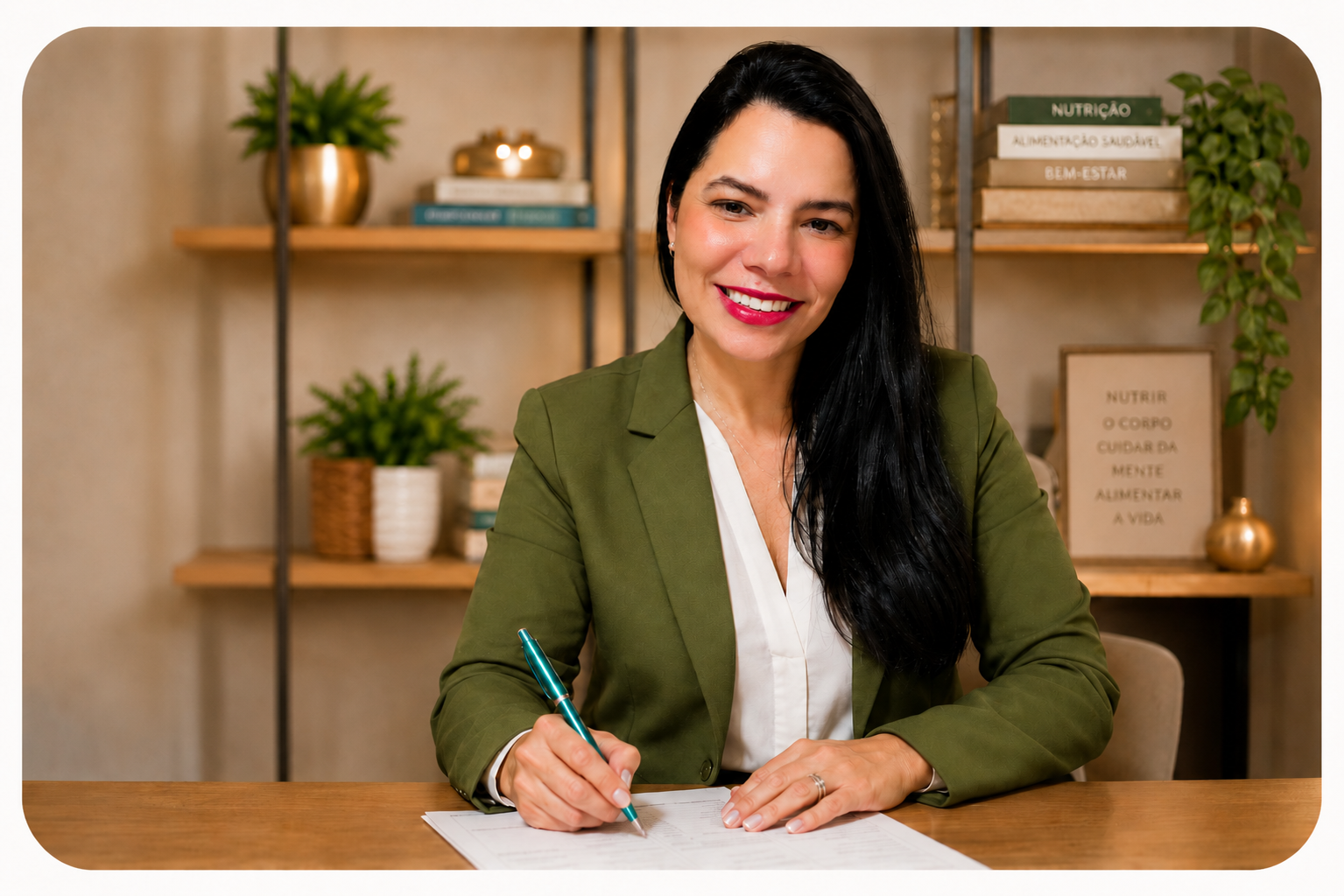 Andréia Duarte escrevendo durante atendimento nutricional